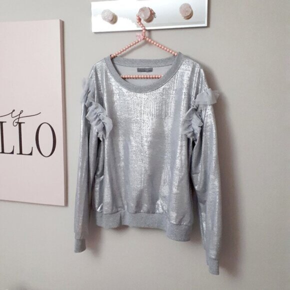 EUC Piazza Del Tempio silver foil ruffle tulle accent sweatshirt - Picture 6 of 7